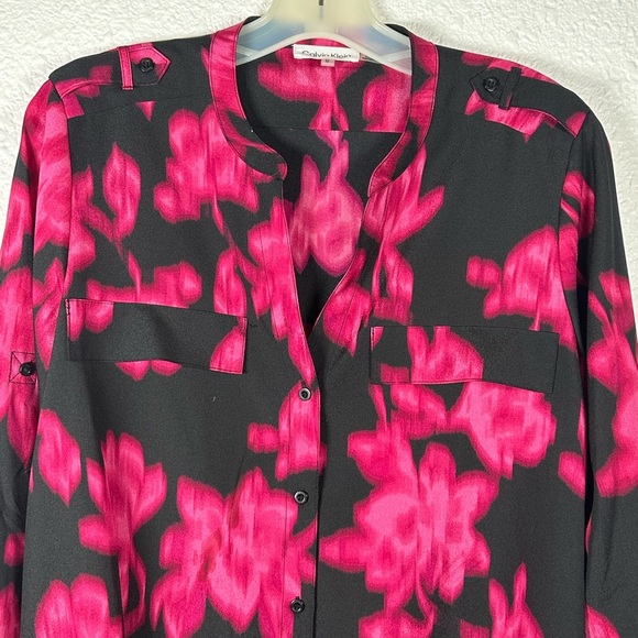 Calvin Klein Women’s Pink & Black Floral Button-Down Blouse, Size M - Picture 2 of 8